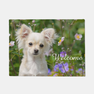 かわいいクリーム色のチワワ犬の子犬ペット写真-歓迎 ドアマット