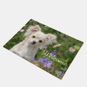 かわいいクリーム色のチワワ犬の子犬ペット写真-歓迎 ドアマット (アングル)