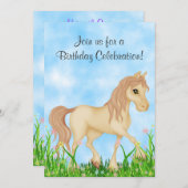 かわいいクリーム色の馬と花の誕生日 招待状 (正面/裏面)