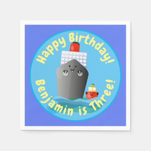 かわいいクルーズ船タグボート漫画イラストレーション スタンダードカクテルナプキン (正面)