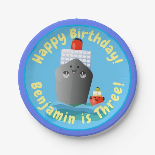 かわいいクルーズ船タグボート漫画イラストレーション ペーパープレート (正面)