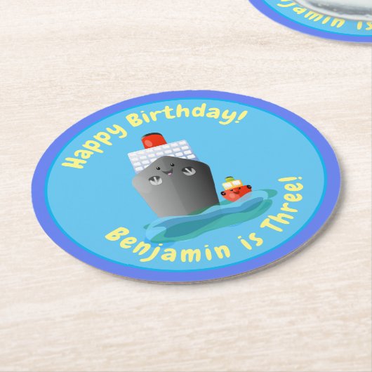 かわいいクルーズ船タグボート漫画イラストレーション ラウンドペーパーコースター (アングル)