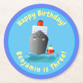 かわいいクルーズ船タグボート漫画イラストレーション ラウンドペーパーコースター (正面)