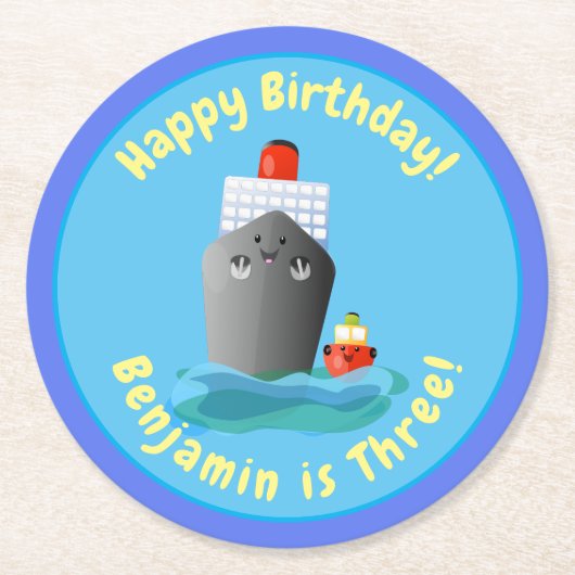 かわいいクルーズ船タグボート漫画イラストレーション ラウンドペーパーコースター (正面)