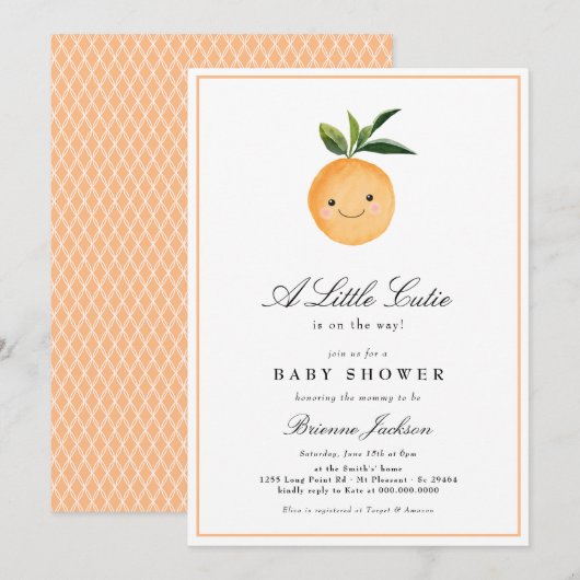 かわいいクレメンタインオレンジのモダンなベビーシャワー 招待状 (正面/裏面)