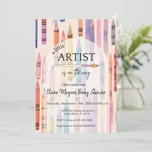 かわいいクレヨンパステルリトルアーティストベビーシャワー 招待状 (スタンド正面)