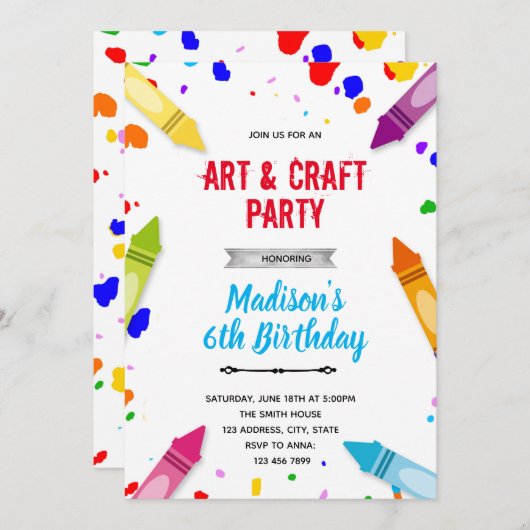 かわいいクレヨン誕生日招待状 招待状 (正面/裏面)