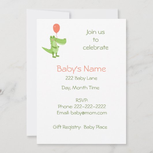 かわいいクロコダイルおもしろい動物の赤ちゃんシャワー 招待状 (裏面)