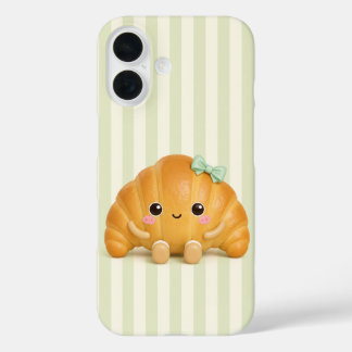 かわいいクロワッサンとサージグリーンのストライプの携帯ケース iPhone 16ケース