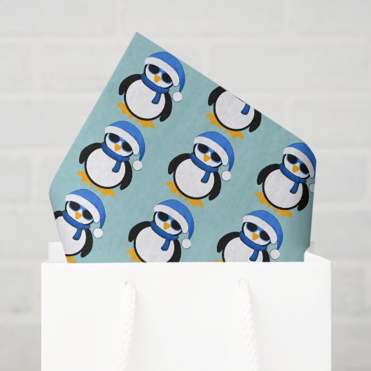 かわいいクールなペンギン クリスマス冬柄 青 薄葉紙 (ギフトバッグ)
