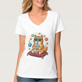 かわいいクールキャットボバティーアニメガールVネックTシャツ Tシャツ