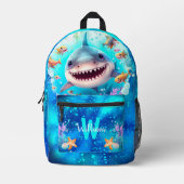 かわいいクールハッピーシャークブルー海名物文字ガムボーイ プリントバックパック (正面)
