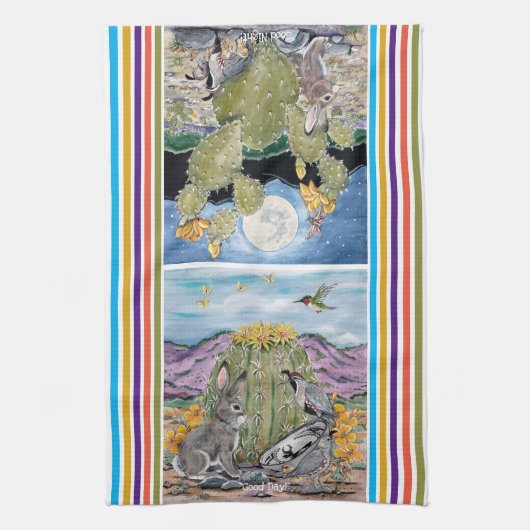 かわいいグッドデイナイトサウスウェスト動物の砂漠サボテン キッチンタオル (縦)