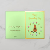 かわいいグラウンドホッグとチューリップの花カスタム咲き 箔グリーティングカード (外側レイダウン)