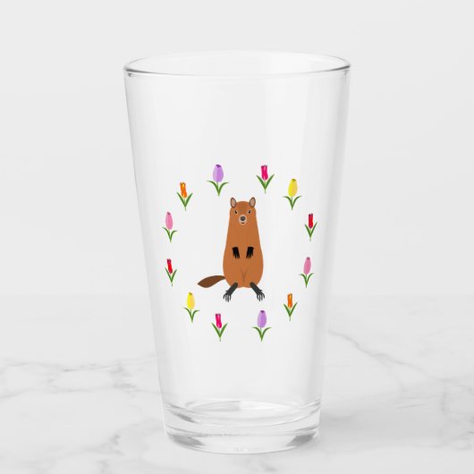 かわいいグラウンドホッグとチューリップの花 タンブラーグラス (正面)