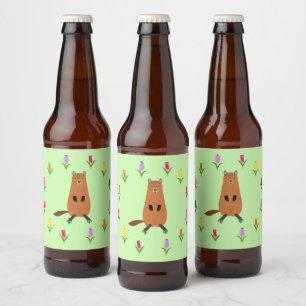 かわいいグラウンドホッグとチューリップの花 ビールラベル
