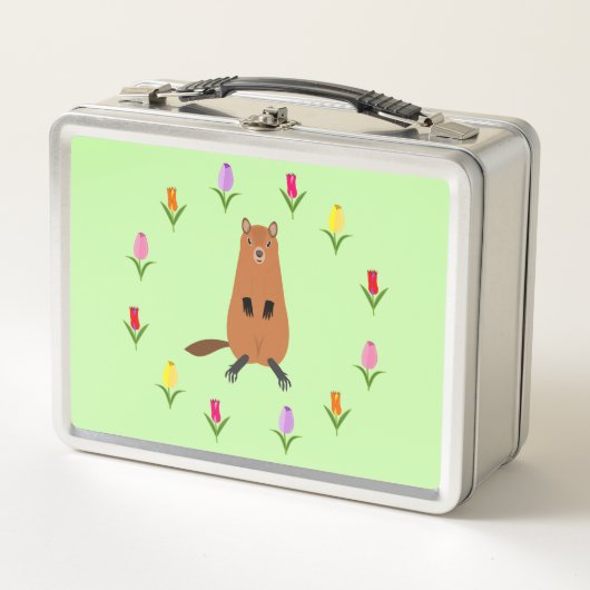 かわいいグラウンドホッグとチューリップの花 メタルランチボックス (正面)