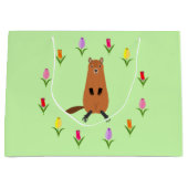 かわいいグラウンドホッグとチューリップの花 ラージペーパーバッグ (正面)