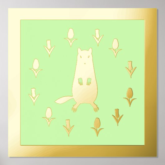 かわいいグラウンドホッグとチューリップの花 箔ポスター (正面)