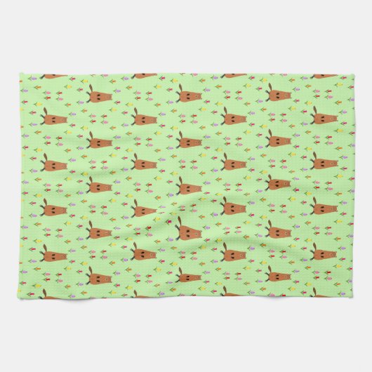 かわいいグラウンドホッグとチューリップパターン(の模様が)ある花 キッチンタオル (横)