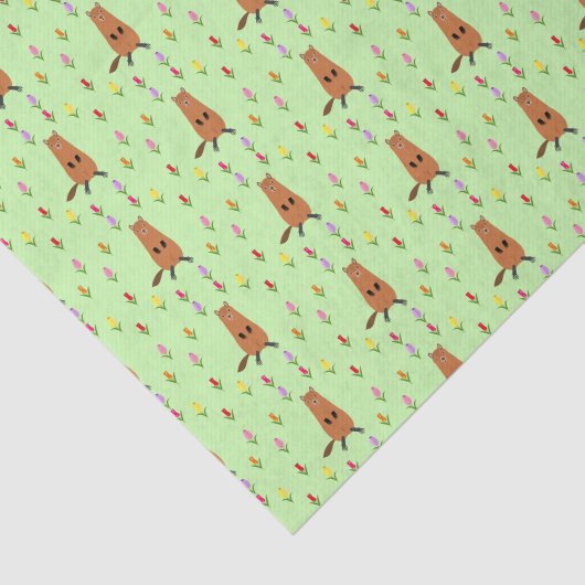 かわいいグラウンドホッグとチューリップパターン(の模様が)ある花 薄葉紙 (詳細)