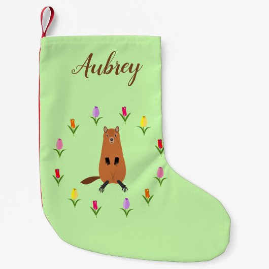 かわいいグラウンドホッグとチューリップ花名前をカスタムする スモールクリスマスストッキング (正面)