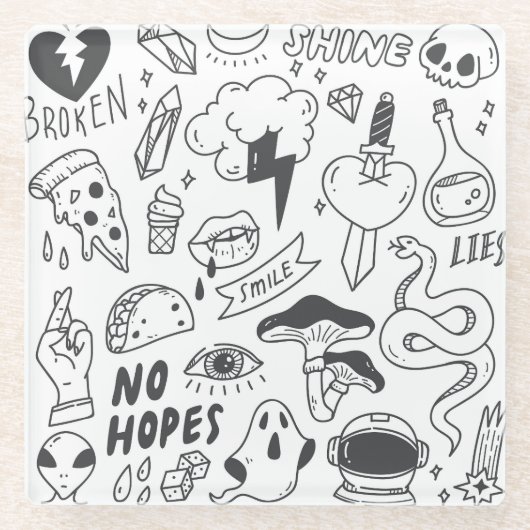 かわいいグラフィティ：ドードルアートセット。 ガラスコースター (正面)