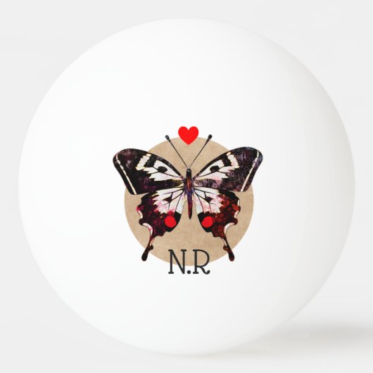 かわいいグランジヴィンテージ蝶とハートモノグラムの 卓球ボール (正面)