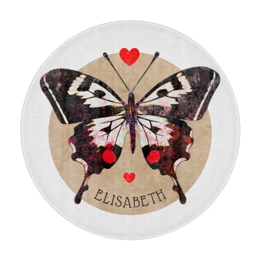 かわいいグランジヴィンテージ蝶とハート名を追加 カッティングボード (正面)