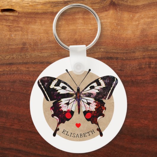 かわいいグランジヴィンテージ蝶とハート名を追加 キーホルダー (正面)