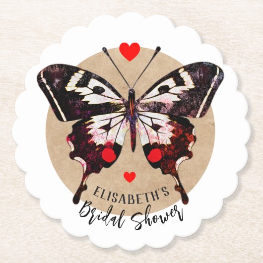 かわいいグランジヴィンテージ蝶とハート名を追加 ペーパーコースター (正面)