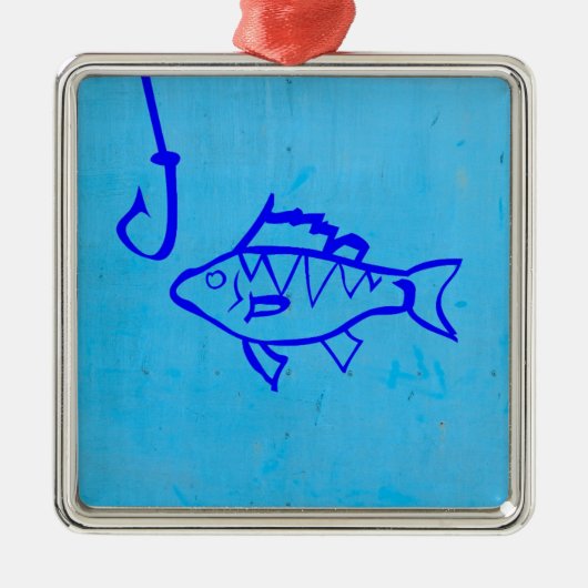 かわいいグランジ青い魚と魚釣りのフック メタルオーナメント (正面)