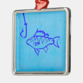 かわいいグランジ青い魚と魚釣りのフック メタルオーナメント (左)