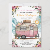 かわいいグランピング女子のボヘミアンスタイル キャンピングカー誕生日パーティー 招待状 (正面)