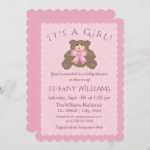 かわいいグリズリーベアーキュブピンク赤ちゃんシャワー 招待状 (正面/裏面)