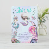 かわいいグリッターの人魚が海の中 招待状 (スタンド正面)