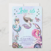 かわいいグリッターの人魚が海の中 招待状 (正面)