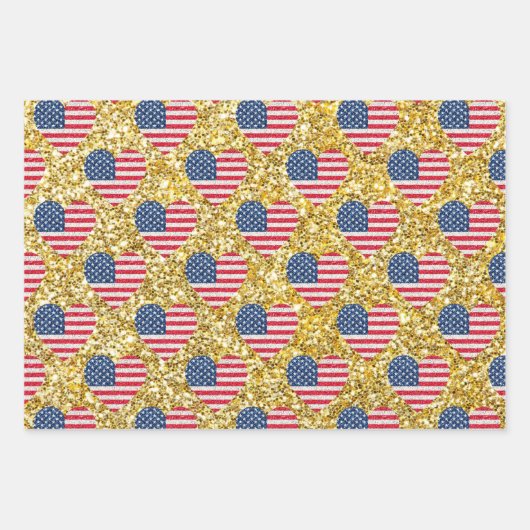 かわいいグリッターハート愛国的アメリカ合衆国国旗 ラッピングペーパーシート (正面3)