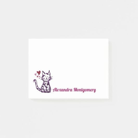 かわいいグリッターパープルキャットピンクと赤いハート ポストイット (正面)