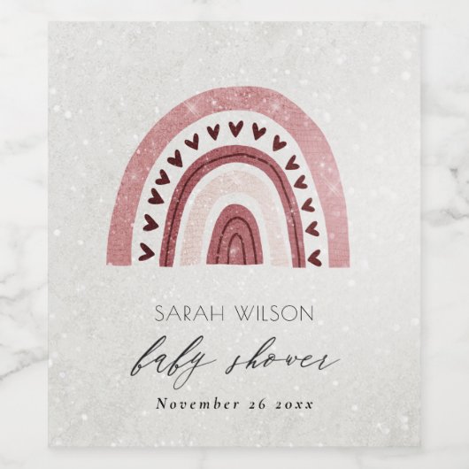 かわいいグリッターピンク赤面ハートレインボーベビーシャワー ワインラベル (シングルラベル)