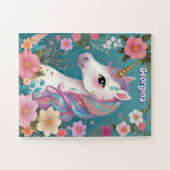 かわいいグリッターフローラユニコーンパーソナライズされたキッズ ジグソーパズル (横)