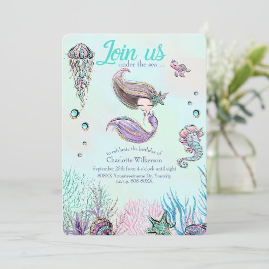 かわいいグリッターマーメイドと茶色の髪の招待状 招待状 (スタンド正面)