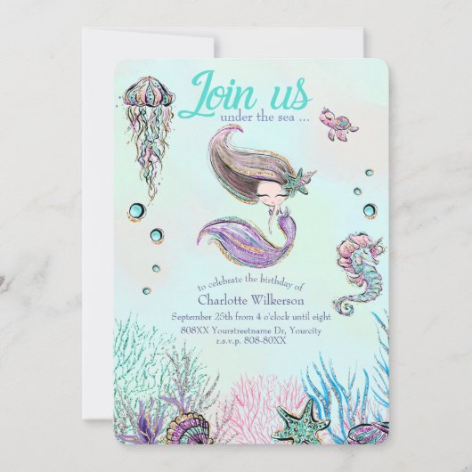 かわいいグリッターマーメイドと茶色の髪の招待状 招待状 (正面)