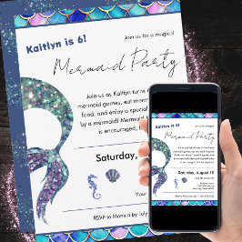 かわいいグリッターマーメイドガールズバースデーパーティー 招待状