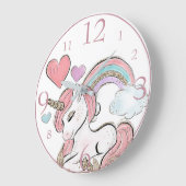 かわいいグリッターユニコーンとレインボーとハート ラージ壁時計 (傾斜)