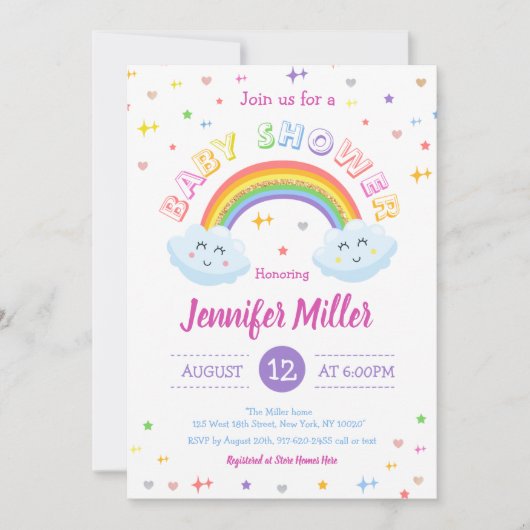 かわいいグリッターレインボーカラフルクラウドベビーシャワー 招待状 (正面)