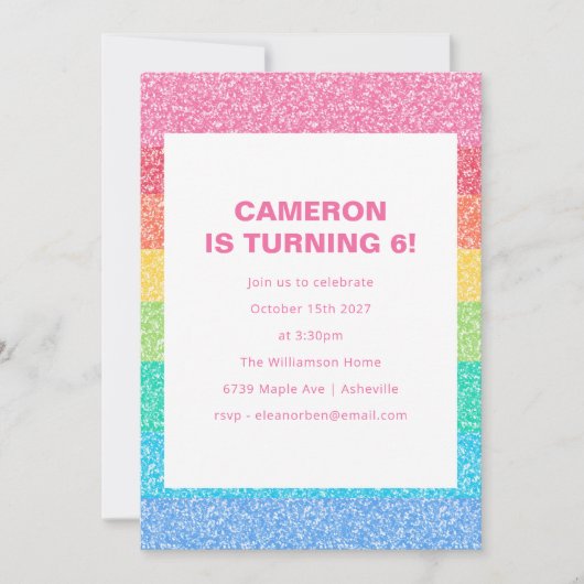 かわいいグリッターレインボーストライプズカラフル6th誕生日 招待状 (正面)