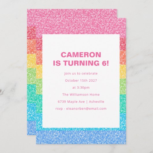 かわいいグリッターレインボーストライプズカラフル6th誕生日 招待状 (正面/裏面)