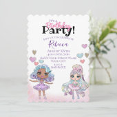 かわいいグリッター人形とハート女の子パーティー 招待状 (スタンド正面)