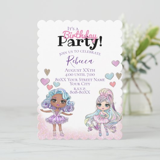 かわいいグリッター人形とハート女の子パーティー 招待状 (スタンド正面)